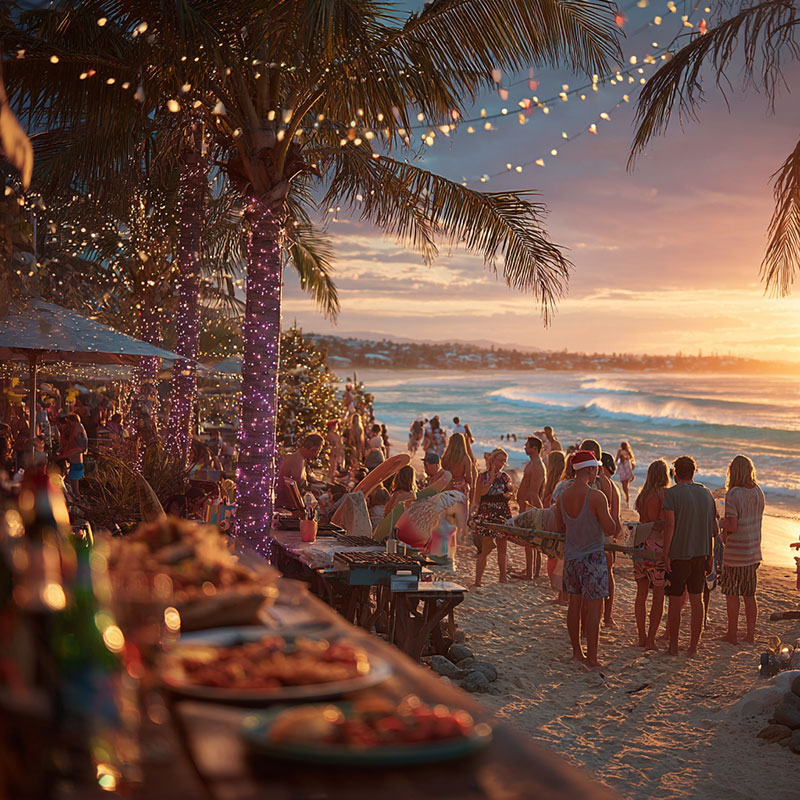 Menschen feiern Weihnachten am Strand unter Palmen bei Sonnenuntergang mit festlich gedeckten Tischen.