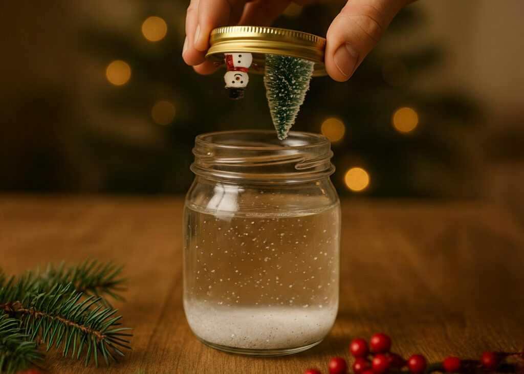 Hand setzt den Deckel mit Schneemann und Tannenbaum auf ein Glas mit Wasser für eine DIY-Schneekugel.