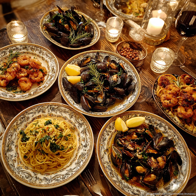 Festliche italienische Weihnachtstafel mit Meeresfrüchten, Pasta und Muscheln, umgeben von Kerzenlicht.