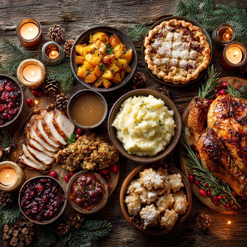 Weihnachtlich gedeckter Tisch mit Truthahn, Kartoffelpüree, Bratensoße, Preiselbeeren und festlichen Beilagen.