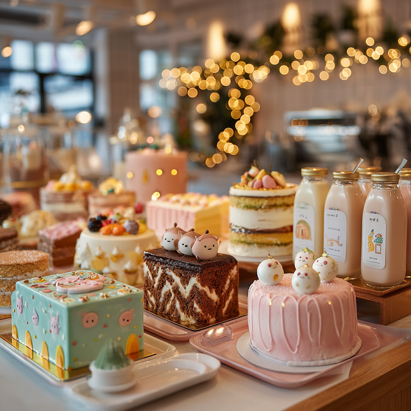 Südkoreanische Weihnachtsdesserts und bunte Torten mit Milchflaschen auf festlich gedecktem Tisch in modernem Café.