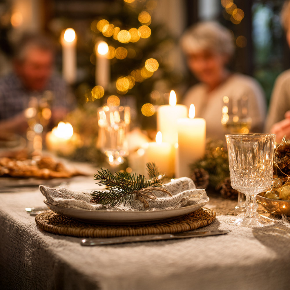 Festlich gedeckter Weihnachtstisch mit einen Teller und Tannenzweig im Vordergrund