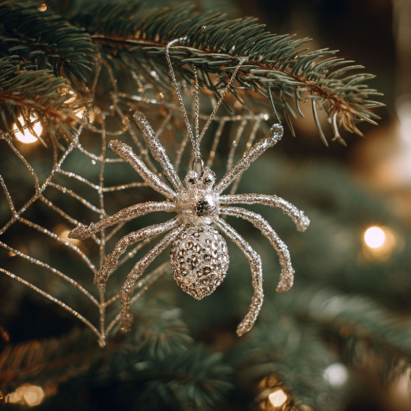 Silberspinnen-Ornament als ukrainischer Weihnachtsschmuck an einem geschmückten Tannenast.