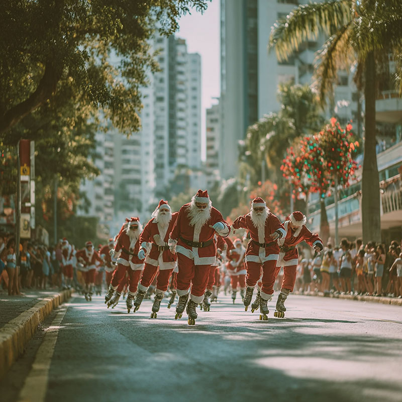 Menschen in Weihnachtsmannkostümen fahren auf Rollschuhen durch eine festlich geschmückte Stadtstraße.