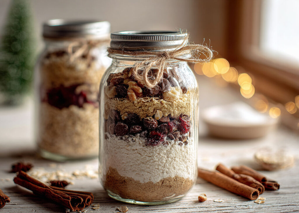 Schichtweise gefülltes Glas mit Backzutaten wie Mehl, Nüssen, Schokolade und Cranberrys als Geschenkidee.