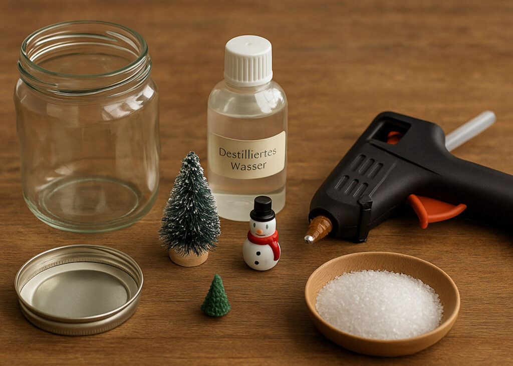 Materialien zum Basteln einer DIY-Schneekugel: Glas, destilliertes Wasser, Schneemannfigur und Heißklebepistole.