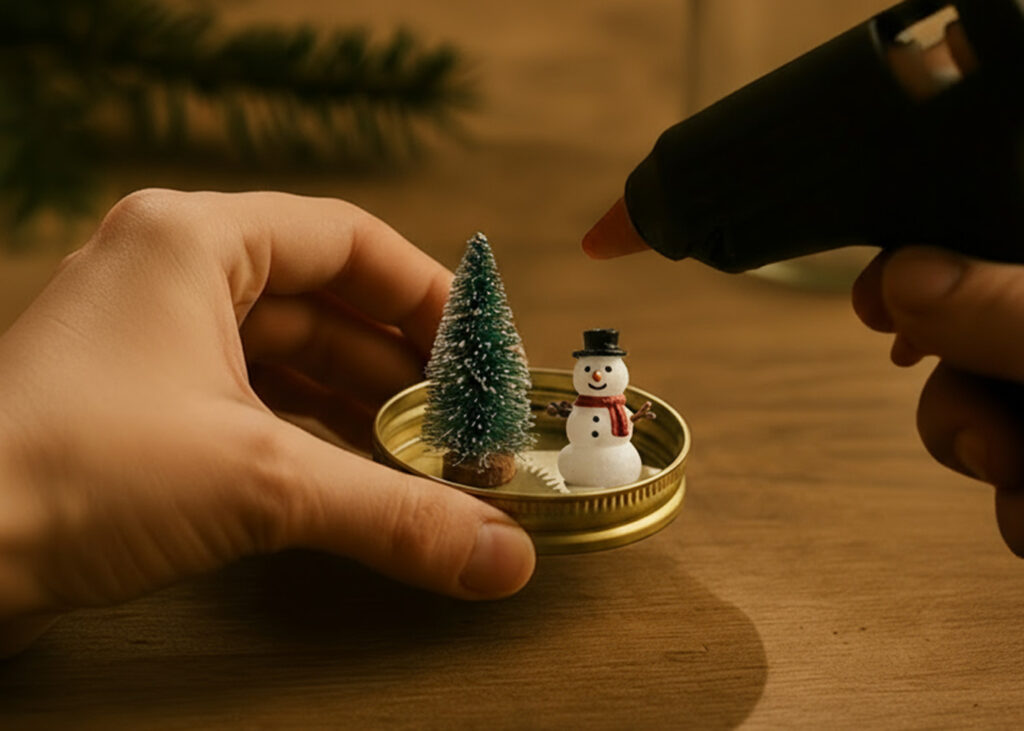 Hände basteln eine kleine Schneekugel mit Mini-Tannenbaum und Schneemann