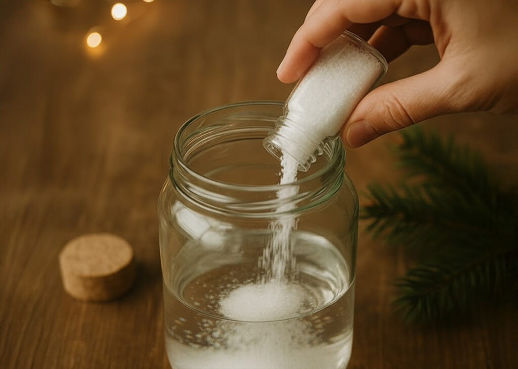 Hand schüttet Salz in ein Glas, um eine DIY-Schneekugel vorzubereiten