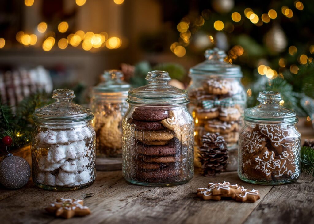 Verschiedene Sorten Weihnachtsplätzchen in Glasgefäßen, dekoriert mit Lichtern und Tannenzweigen.