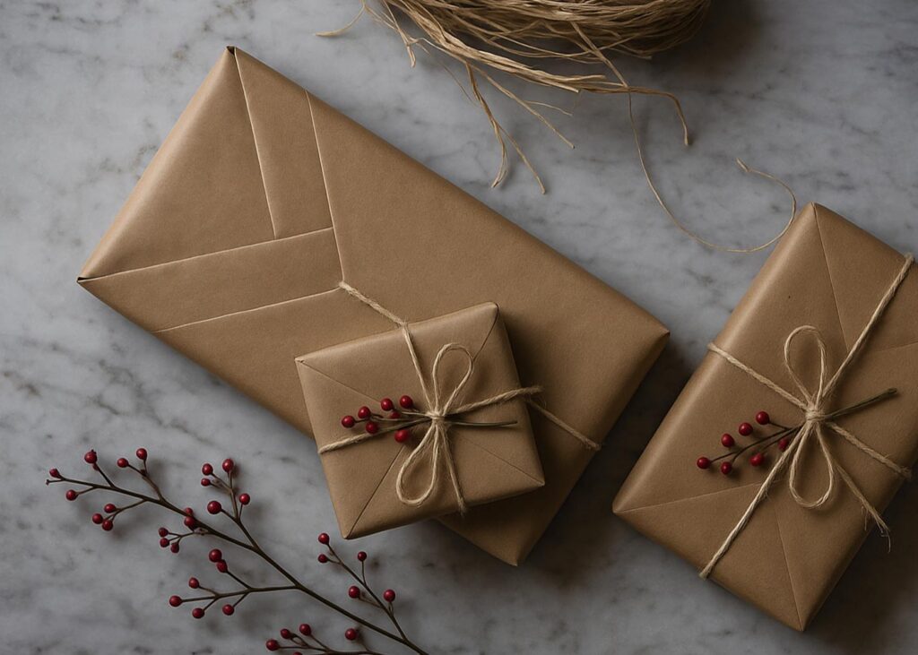 Minimalistische Weihnachtsgeschenke in braunem Packpapier mit Kordel und roten Beeren dekoriert.