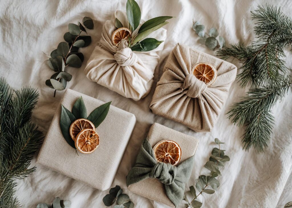 Nachhaltig verpackte Weihnachtsgeschenke in Stofftüchern mit getrockneten Orangenscheiben und Zweigen.