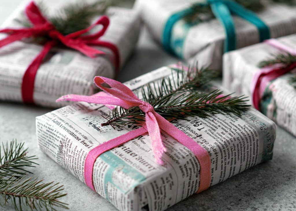 Mit Zeitungspapier verpackte Geschenke mit bunten Bändern und Tannenzweigen als nachhaltige Weihnachtsidee.