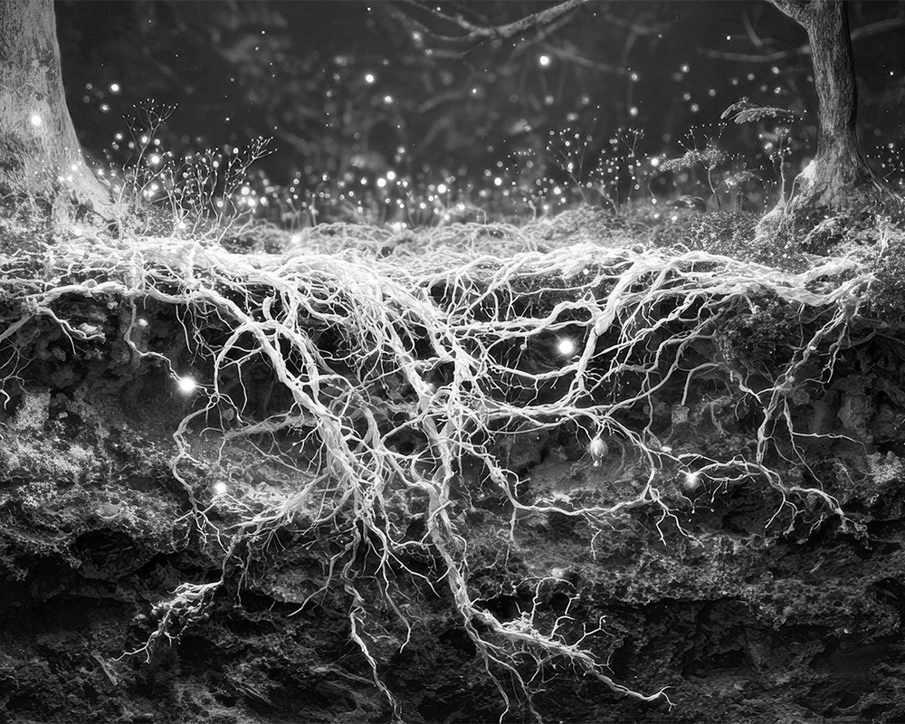Schwarz-Weiß Bild: Verzweigtes Myzel unter der Erde zwischen zwei Bäumen, leuchtende Pilzfäden sichtbar