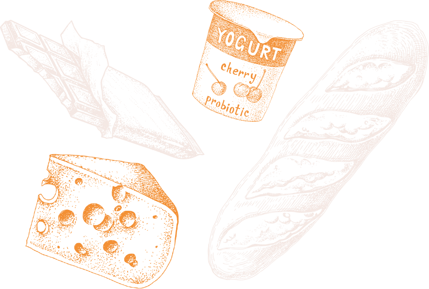 Grafische Darstellung von Schokoladentafel, Joghurtbecher mit Kirschen und Baguette