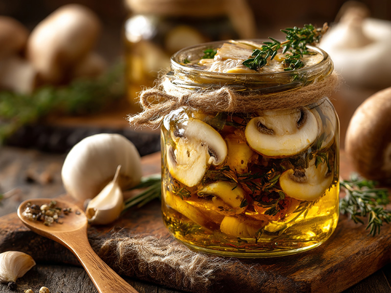 Glas mit eingelegten Champignons in Öl, verfeinert mit frischen Kräutern und Knoblauch