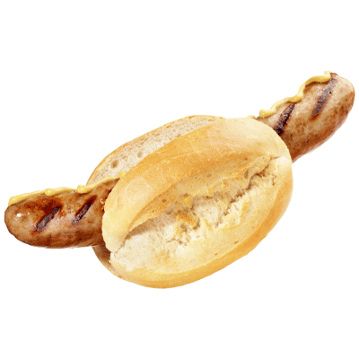 Bratwurst in einem länglichen Brötchen.