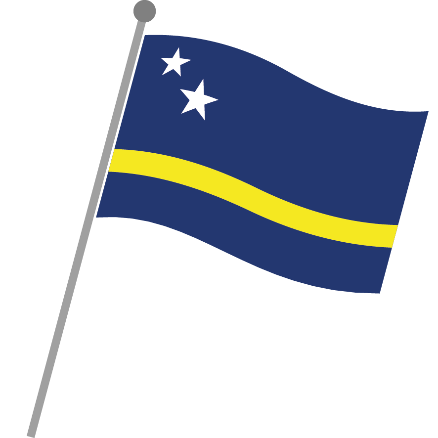 Wehende Flagge von Curaçao mit gelbem Streifen und zwei weißen Sternen.