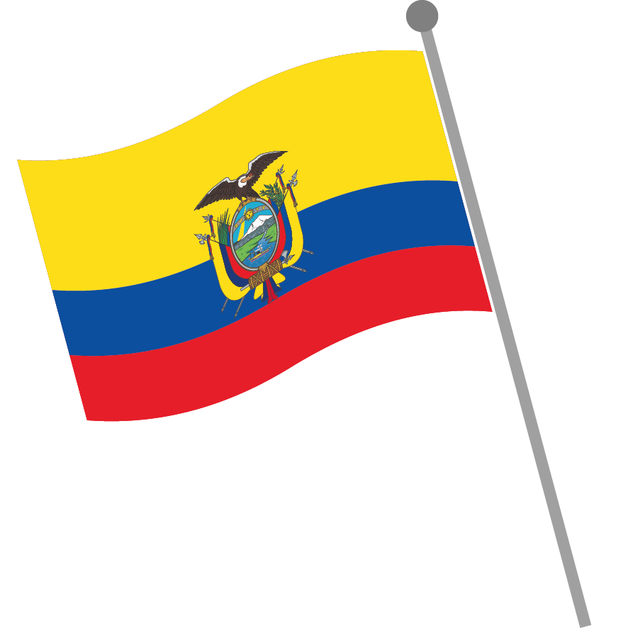 Wehende Nationalflagge von Ecuador mit Staatswappen an einem Fahnenmast.