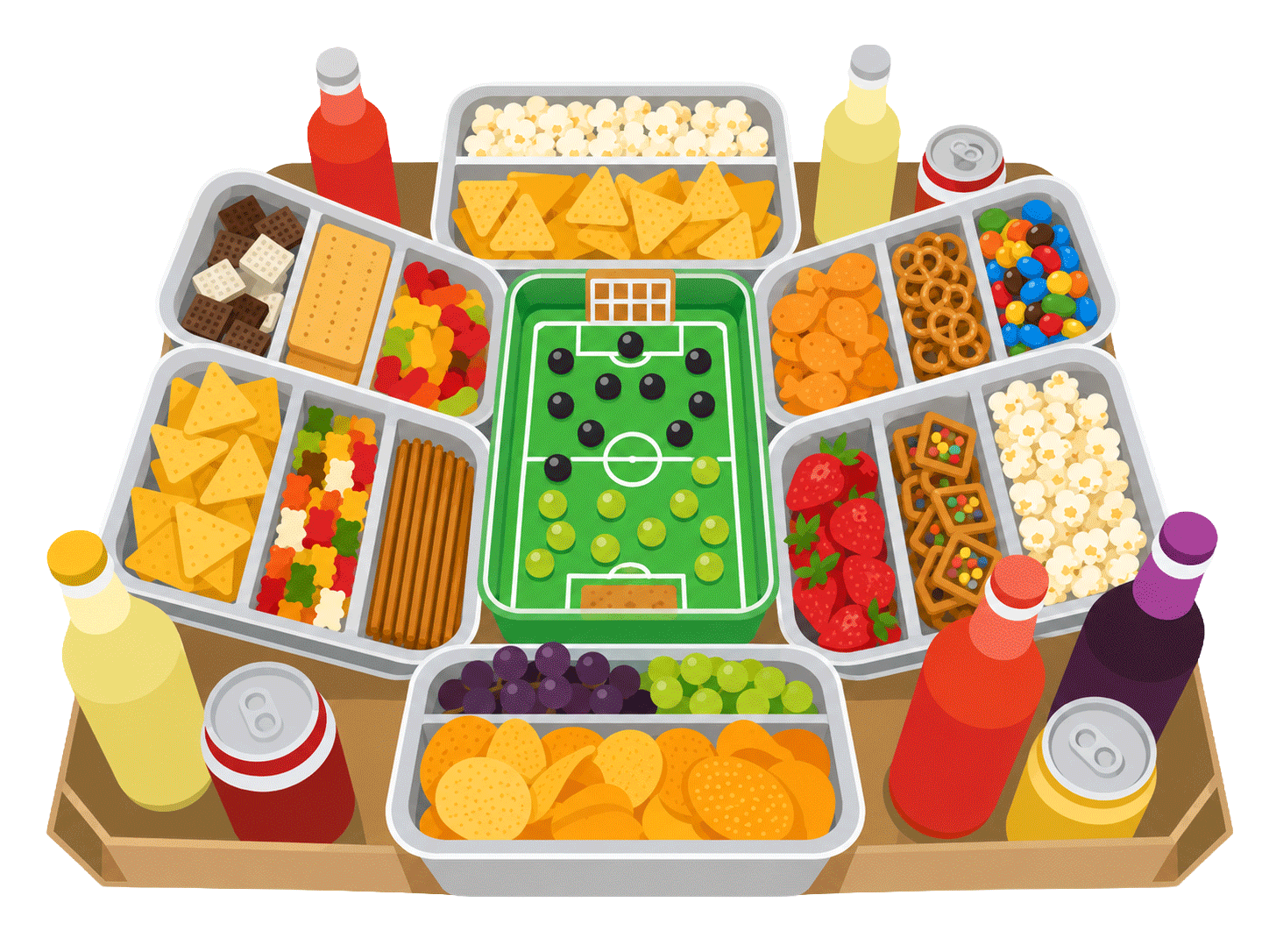 Illustration einer Fußball-Snackbox mit essbarem Spielfeld, Snacks und Getränken.