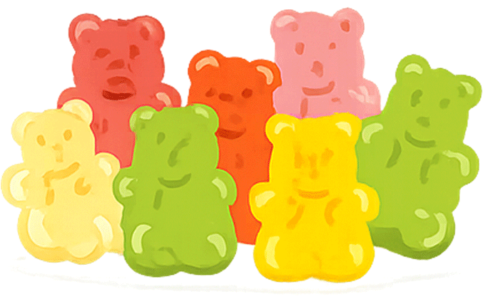 Illustration mehrerer bunter Fruchtgummi-Bären in verschiedenen Farben.