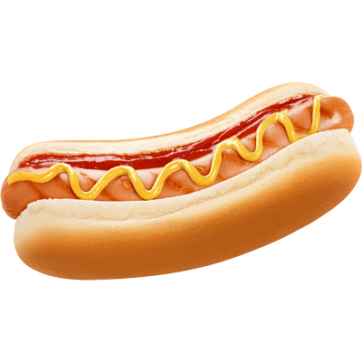 Hotdog mit Würstchen, Ketchup und Senf in einem weichen Brötchen.