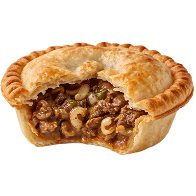 Herzhafte Pie mit Fleisch- und Gemüsefüllung in goldbrauner Teighülle.