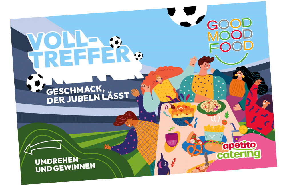Rubbellos der Voll-Treffer-Fußballaktion mit Gewinnspiel, Illustrationen feiernder Personen und Aktionshinweisen.