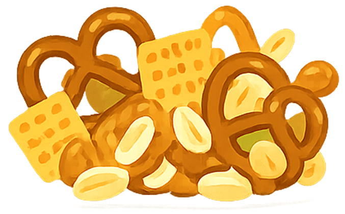 Illustration eines Snack-Mixes aus Brezeln, Crackern und Erdnüssen.