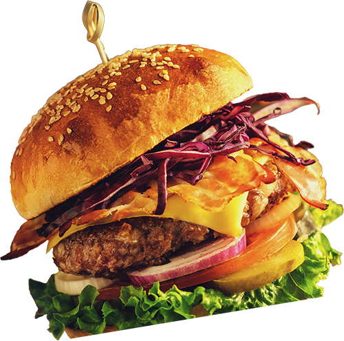 Frischer Cheeseburger mit Rinderpatty, frischen Zwiebeln und Rotkohl