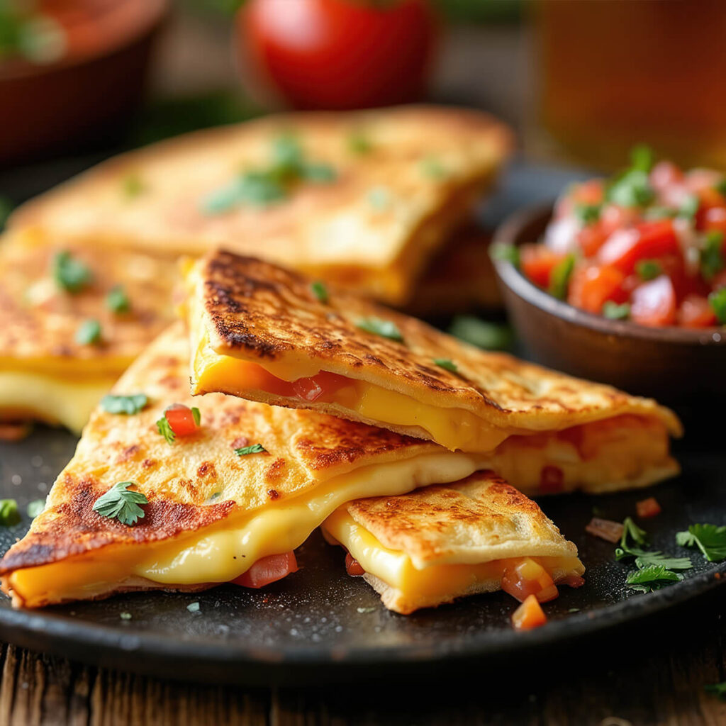 Zu sehen sind mehrere goldbraun gebratene Quesadillas, die in Dreiecke geschnitten und auf einem dunklen Teller angerichtet sind. Die Tortillas sind außen knusprig geröstet und innen mit geschmolzenem Käse gefüllt, der leicht herausläuft. Kleine gewürfelte Tomatenstücke sind in der Füllung sichtbar.