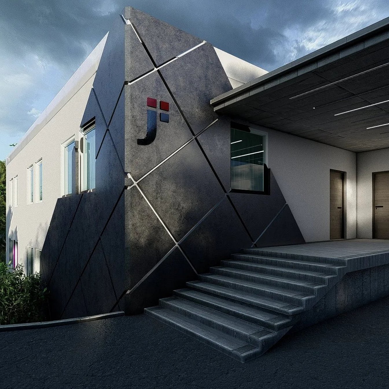 ein modernes Haus mit offenem Eingang und großer Treppe. Ein dunkler und bewölkter Himmel