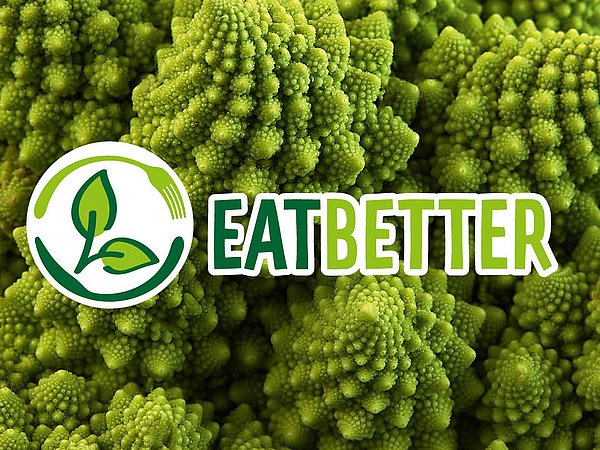 Logo EATBETTER von apetito catering auf Romanesco Hintergrund und mit gutem Gewissen genießen